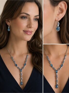 Avon Blue Cabochon & Aurora Borealis Y Necklace Earrings Set Silver Tone